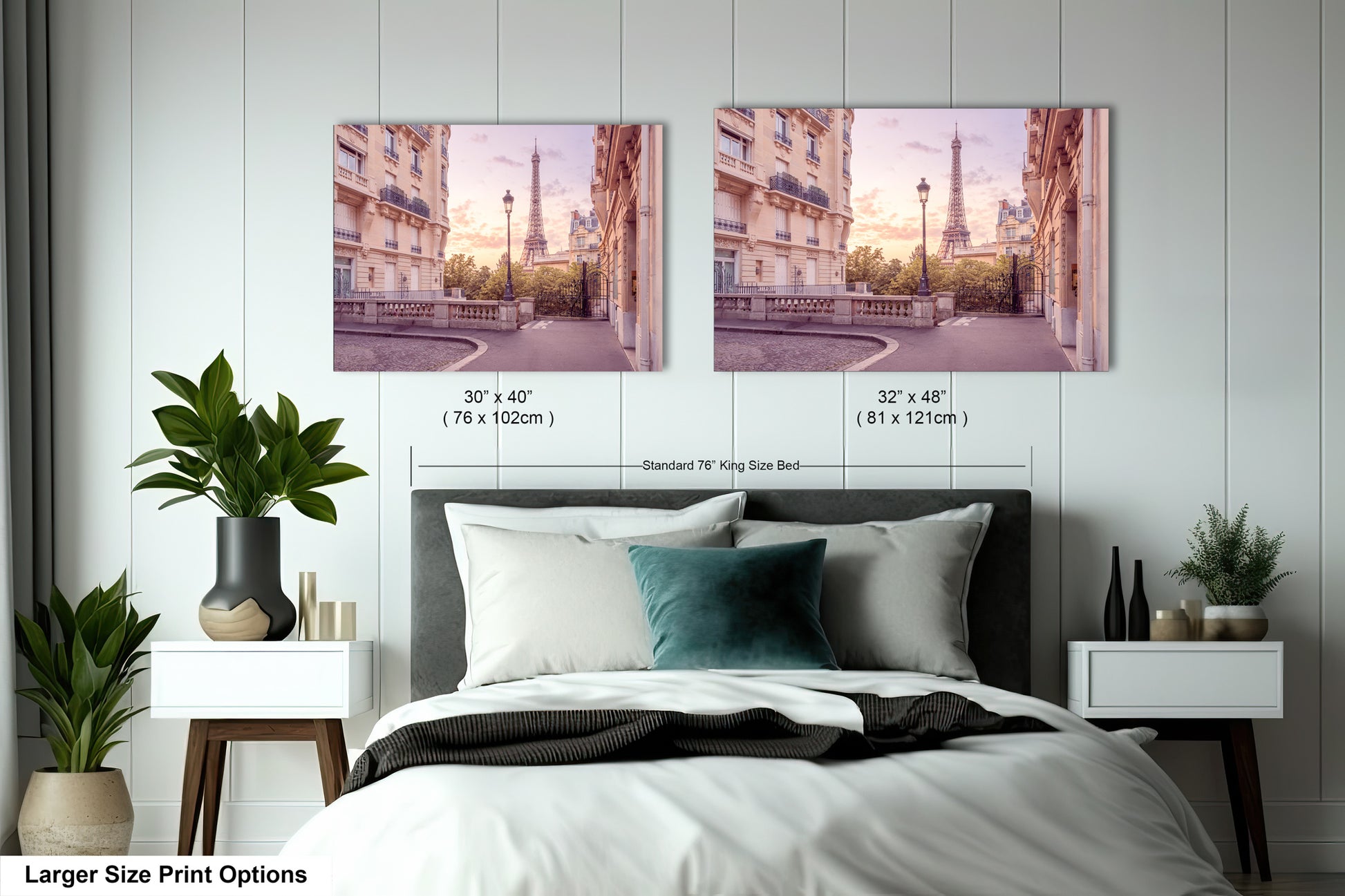 a bedroom with a bed and two pictures on the wall