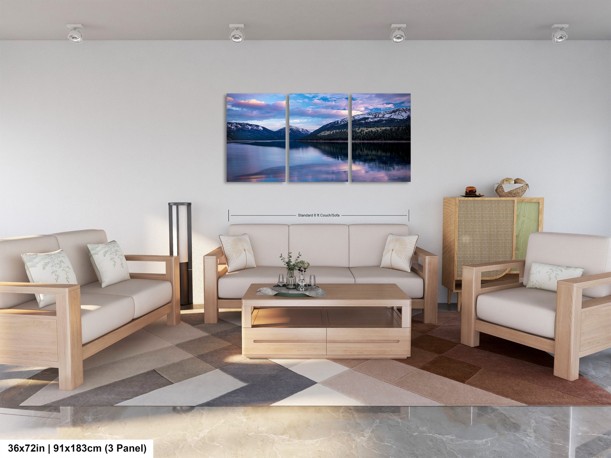 a living room filled with furniture and a painting on the wall