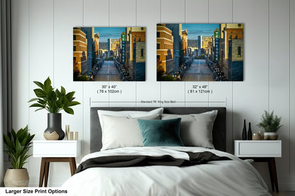 a bedroom with a bed and two pictures on the wall