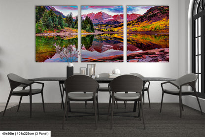 a dining room table with four chairs and a painting on the wall
