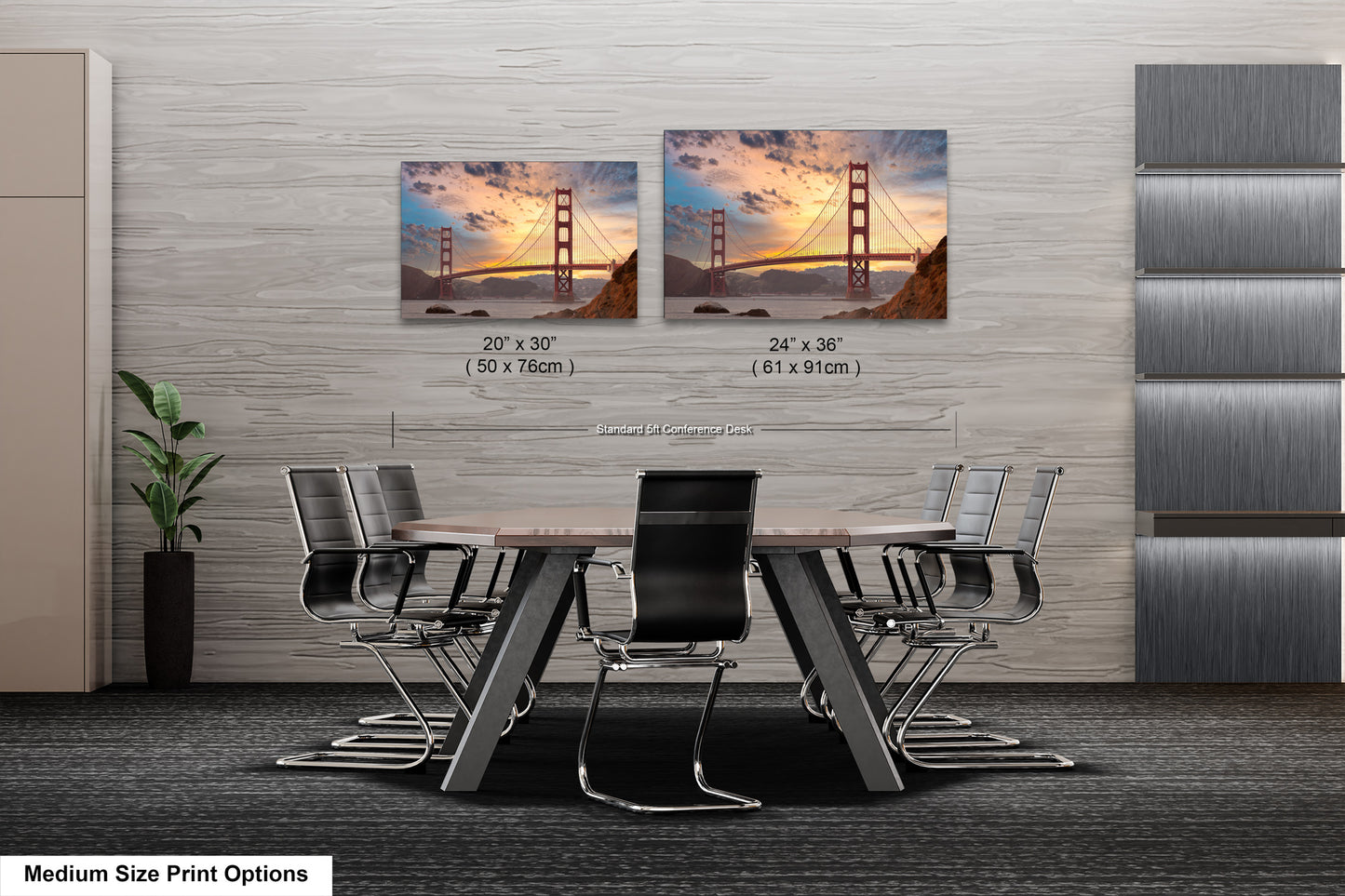 a dining room table with chairs and a picture of the golden gate bridge