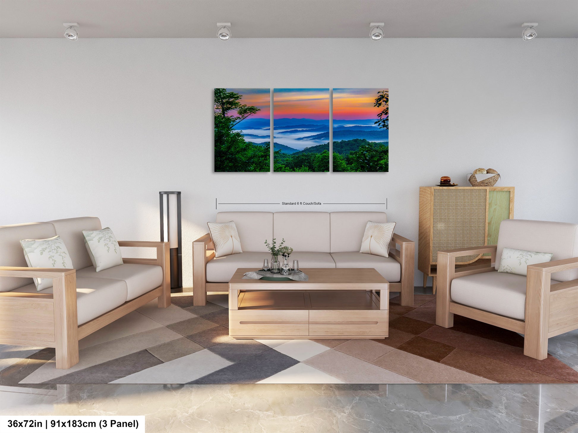 a living room filled with furniture and a painting on the wall