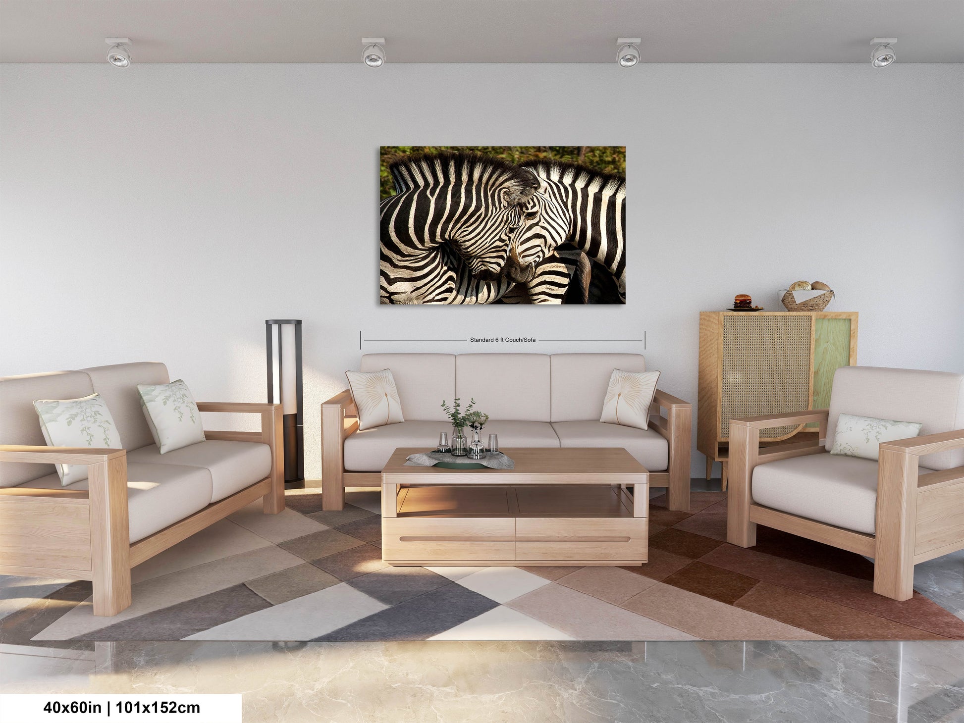 a living room filled with furniture and a painting on the wall