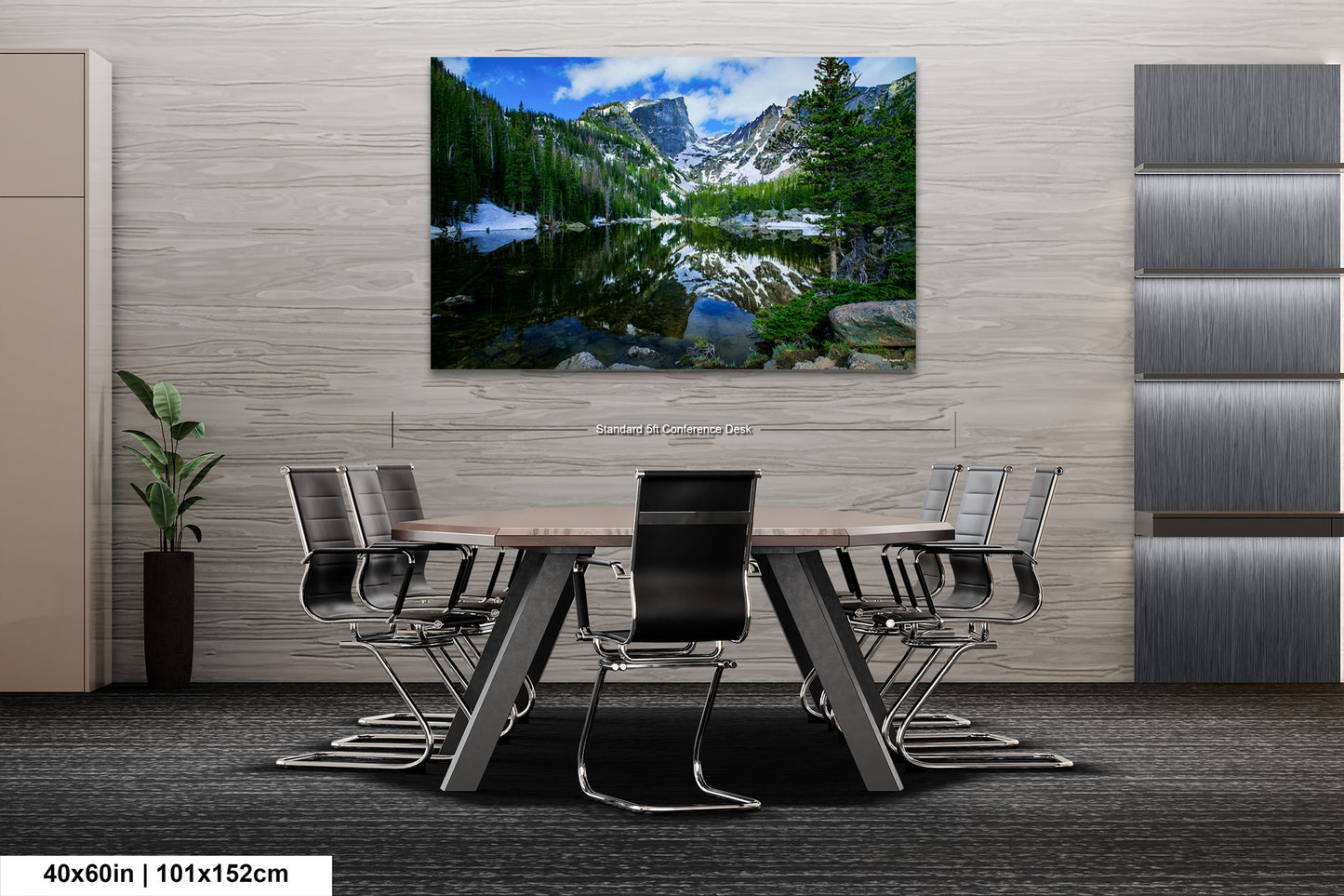 a painting of a mountain lake in the middle of a room