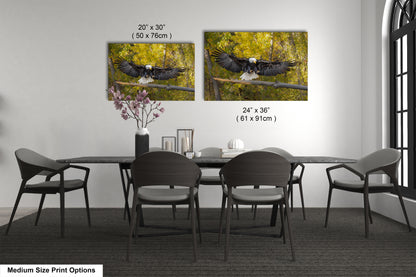 a dining room table with four chairs and two pictures of birds on the wall