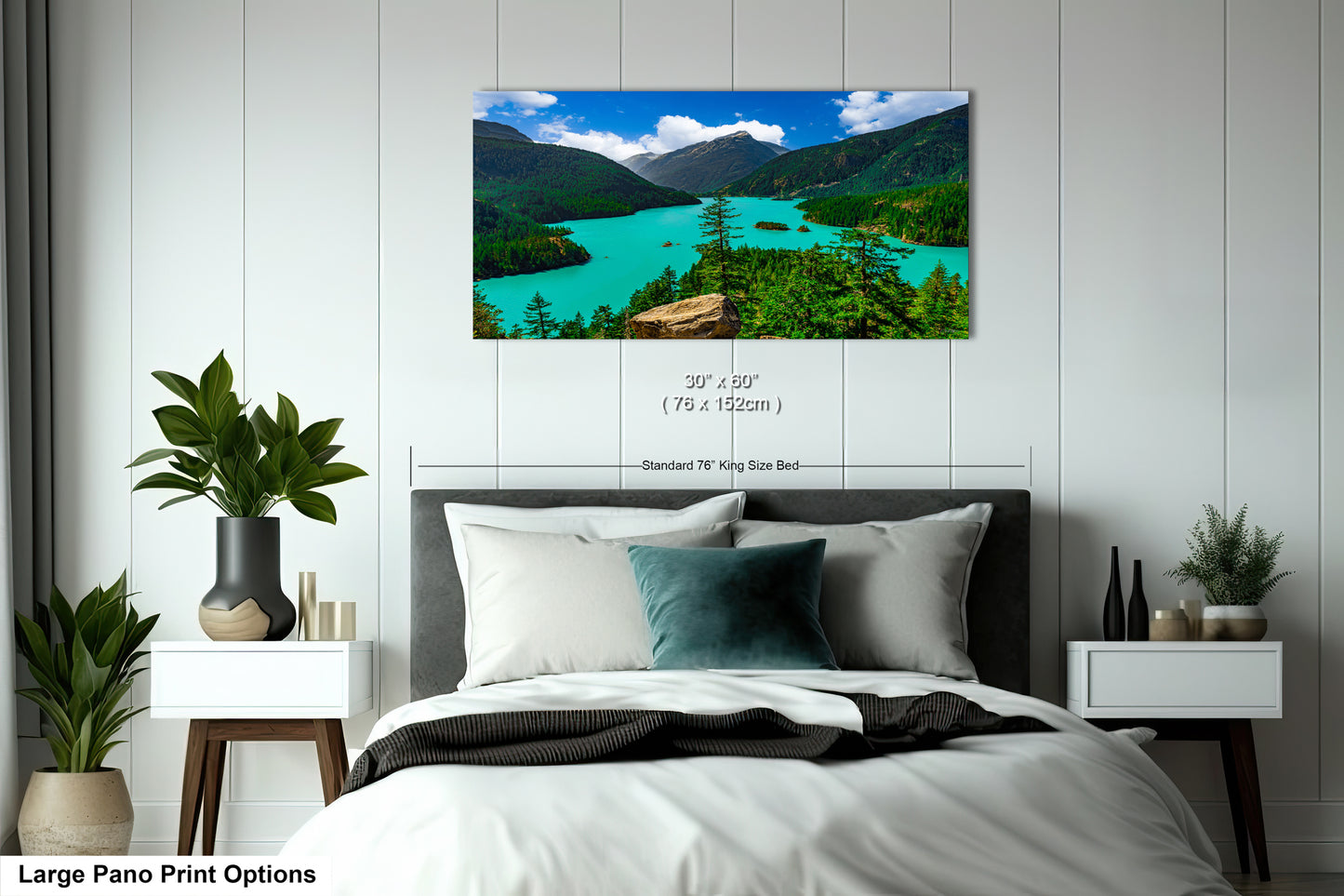 A large pano print depicting a scenic mountain landscape with a turquoise lake and lush green forests.