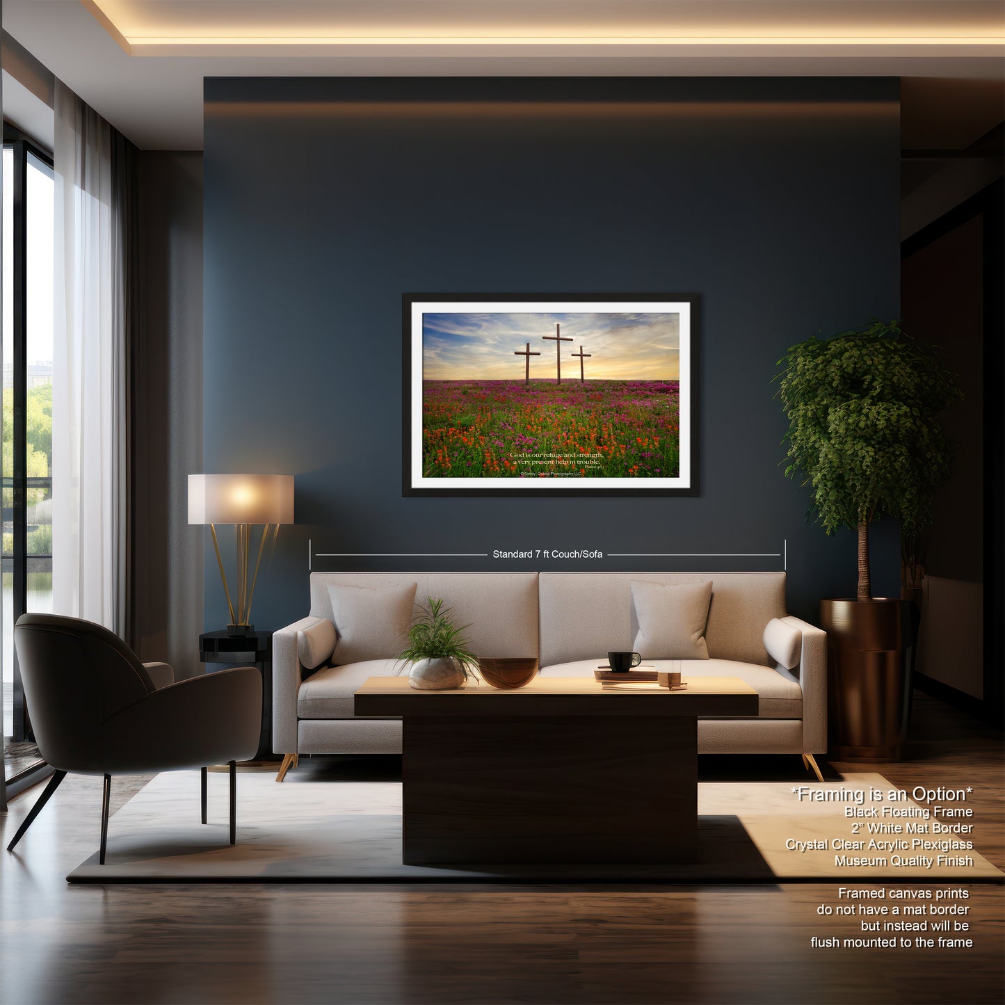 a living room with a couch a chair and a painting