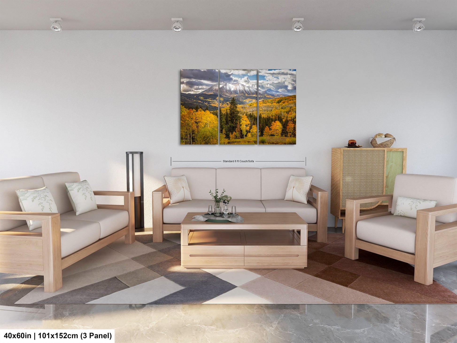 a living room filled with furniture and a painting on the wall