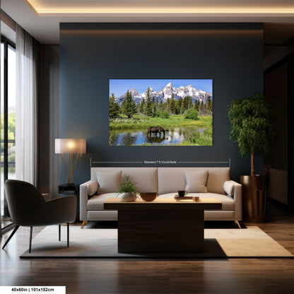 a living room with a couch and a large picture on the wall