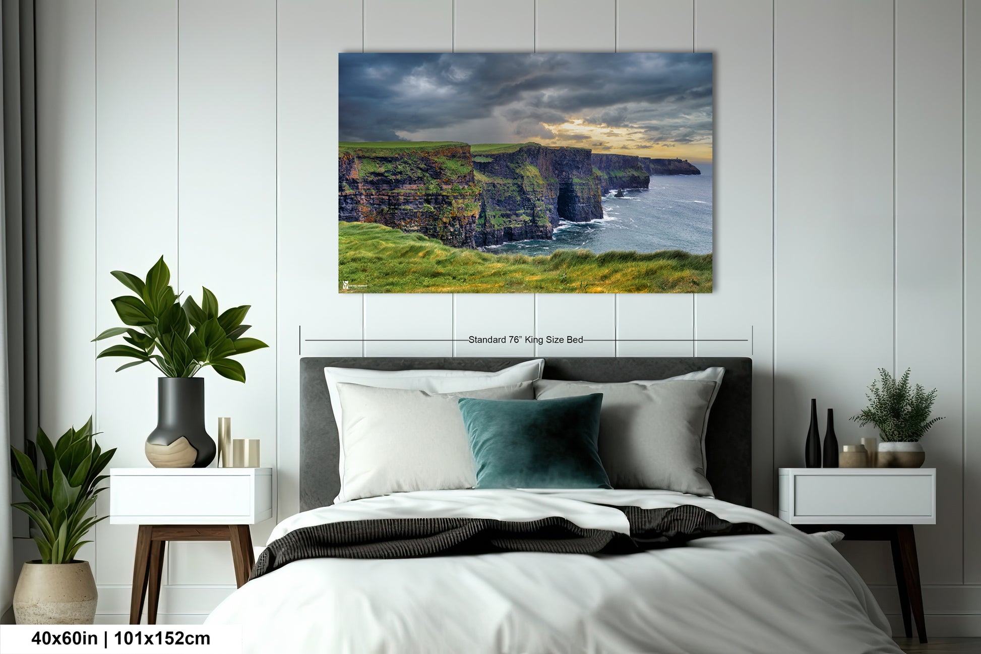 a bedroom with a bed and a painting on the wall