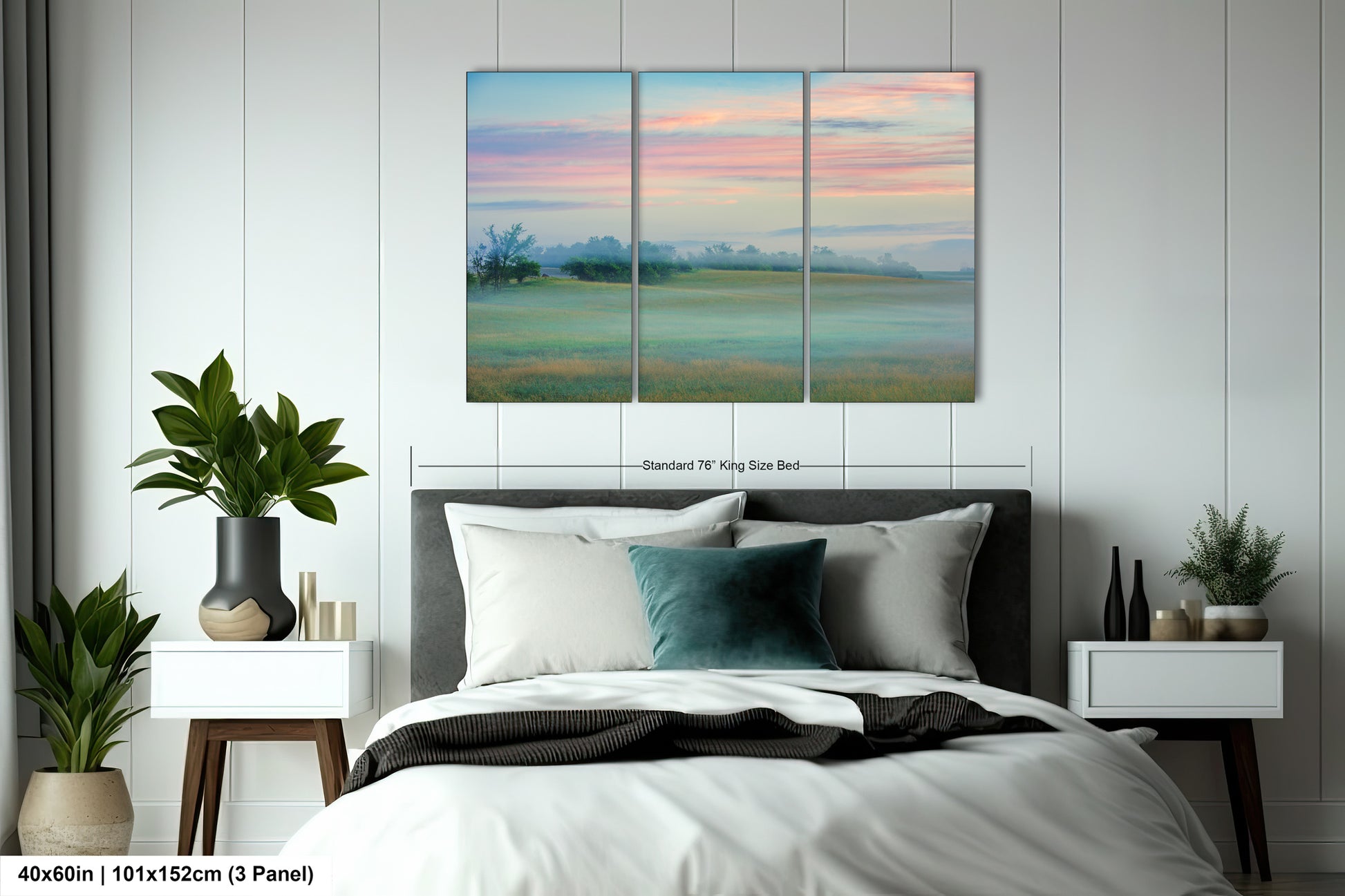 a bedroom with a bed and a painting on the wall