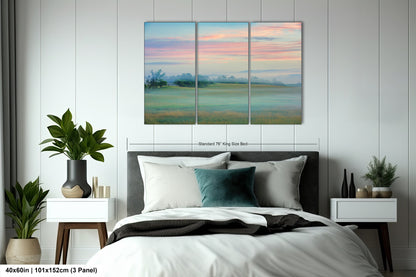 a bedroom with a bed and a painting on the wall