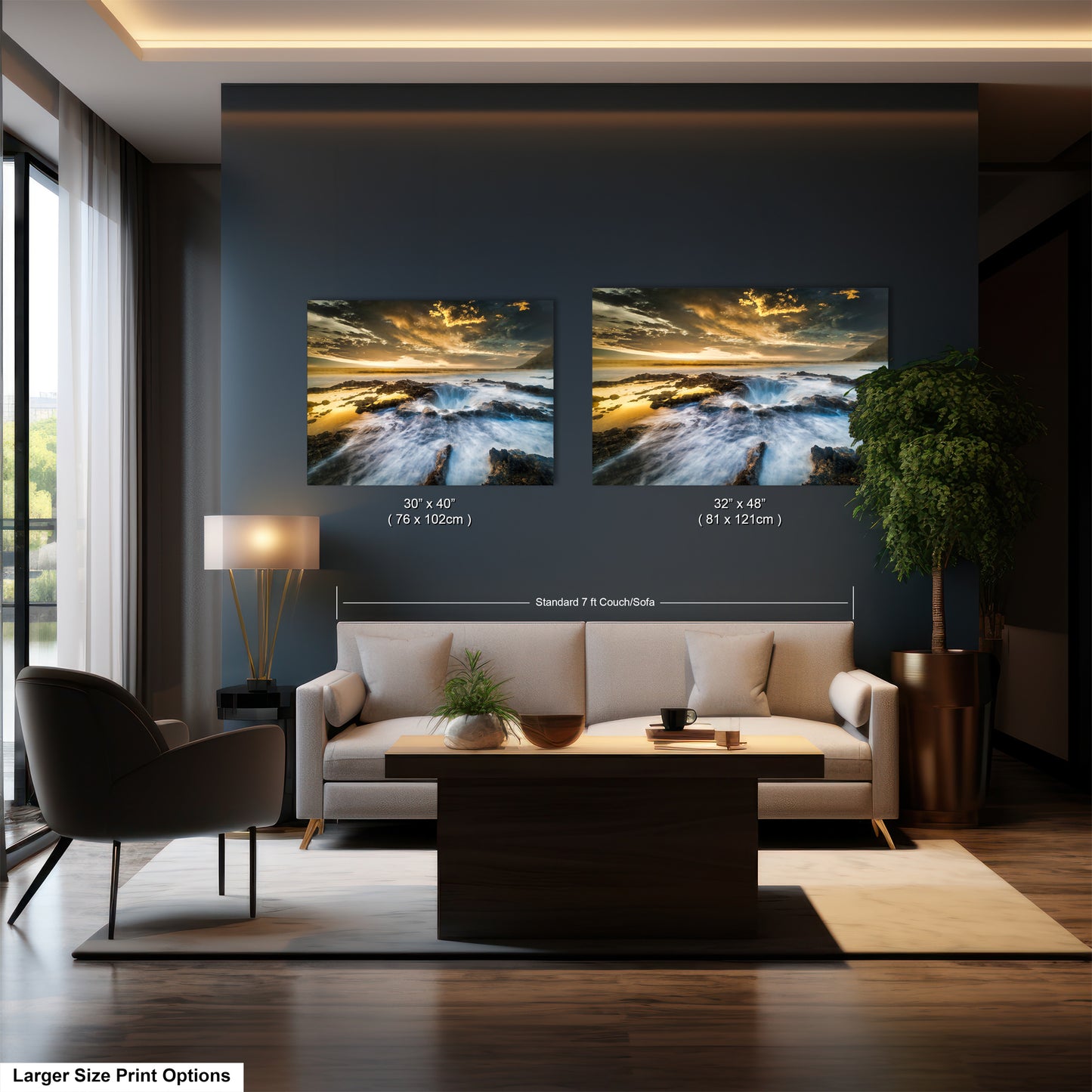 a living room filled with furniture and a painting on the wall