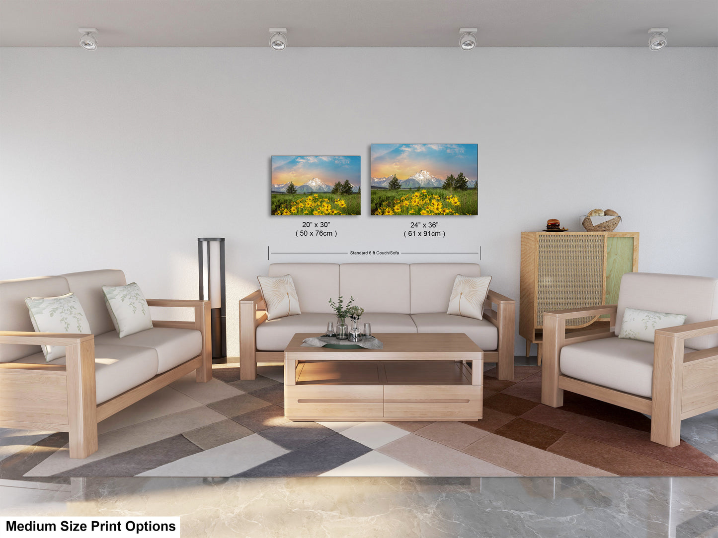 a living room filled with furniture and a painting on the wall