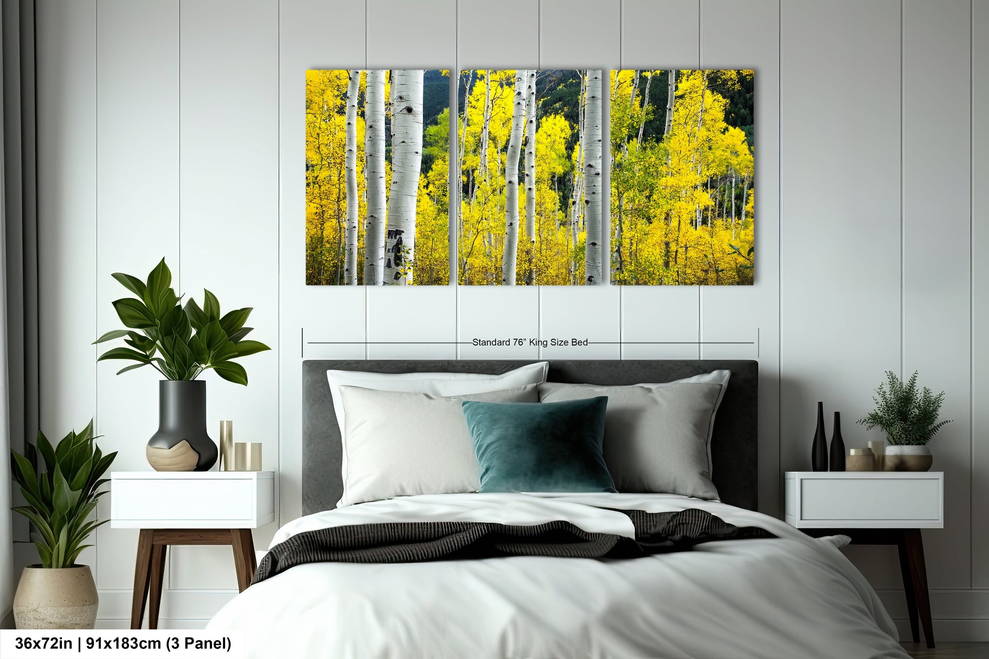 a bed room with a neatly made bed and a painting on the wall