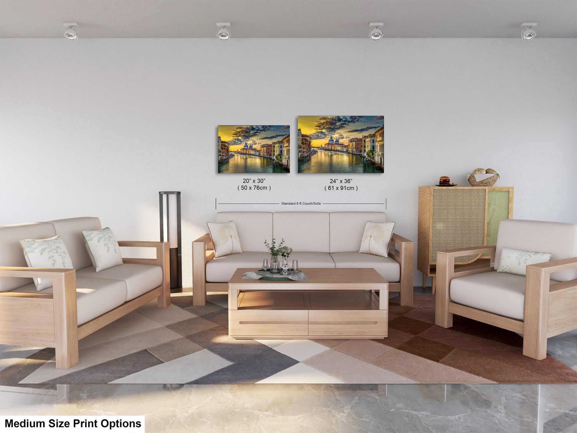 a living room filled with furniture and a painting on the wall