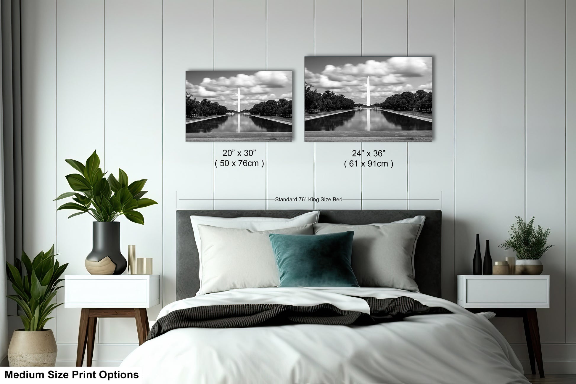 a bed room with a neatly made bed and two pictures on the wall