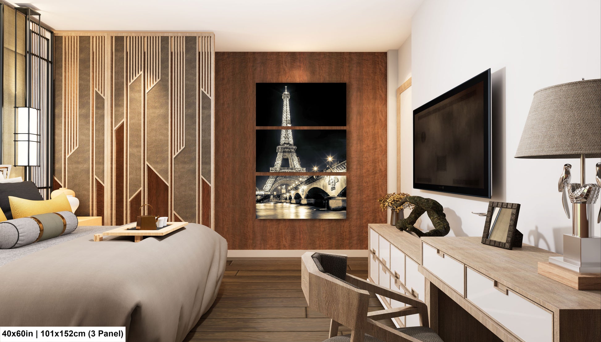 a hotel room with a bed, desk and television