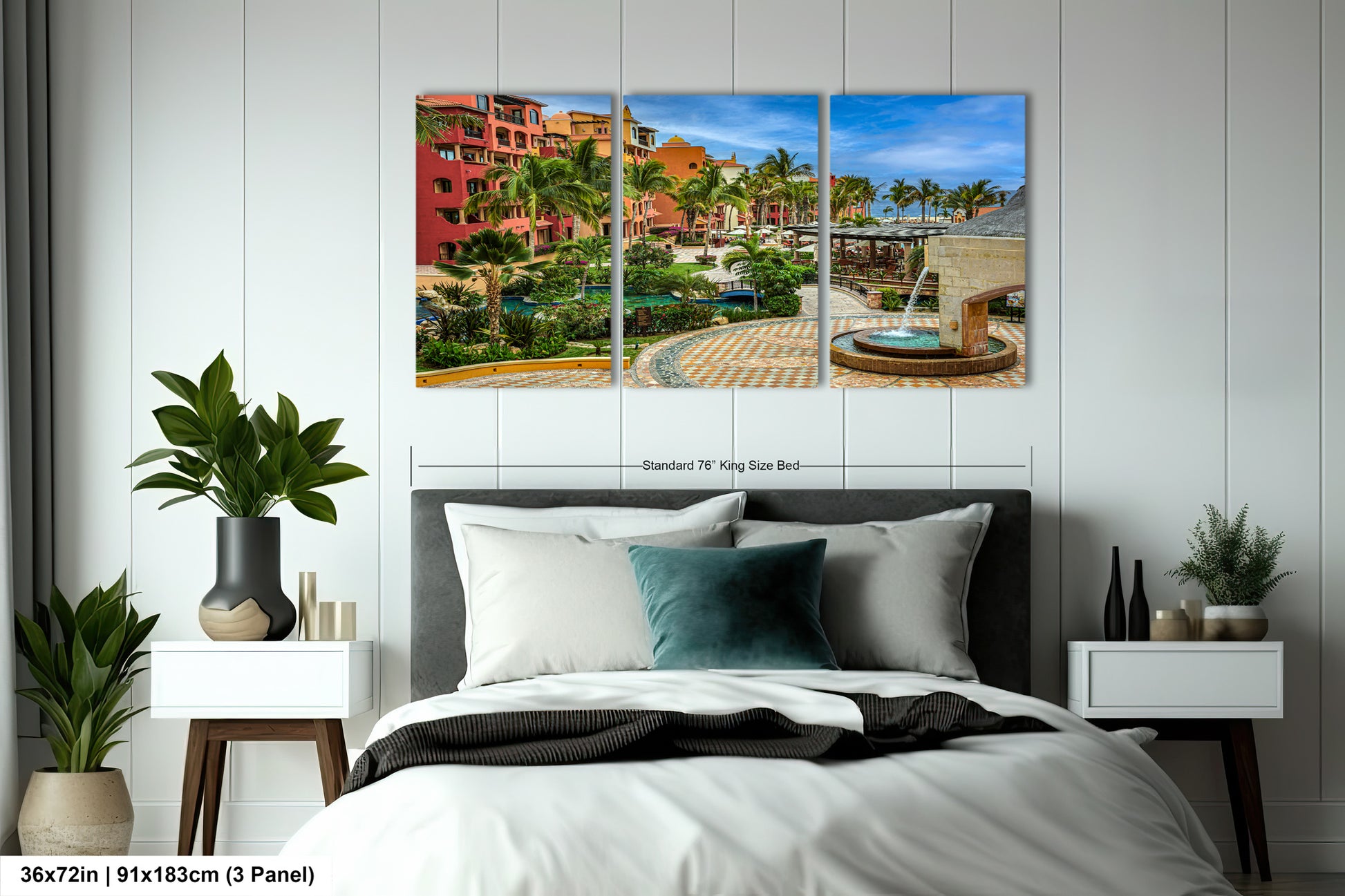 a bed room with a neatly made bed and a painting on the wall