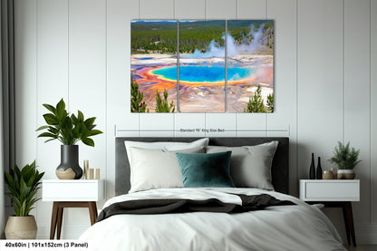 a bedroom with a large bed and a painting on the wall