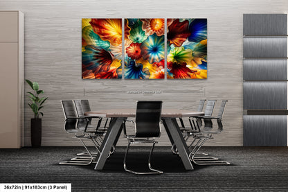 a modern office space with a large, colorful abstract painting hanging on the wall above a conference table surrounded by chairs.