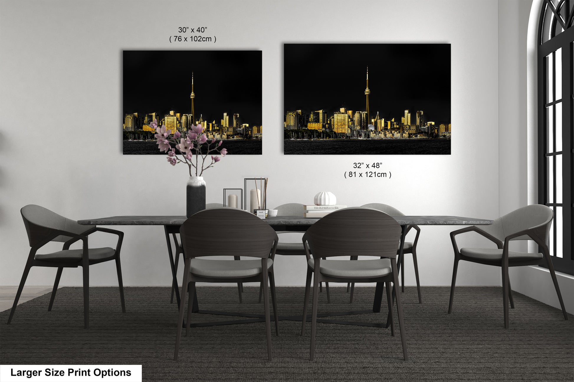 a dining room table with chairs and a vase of flowers
