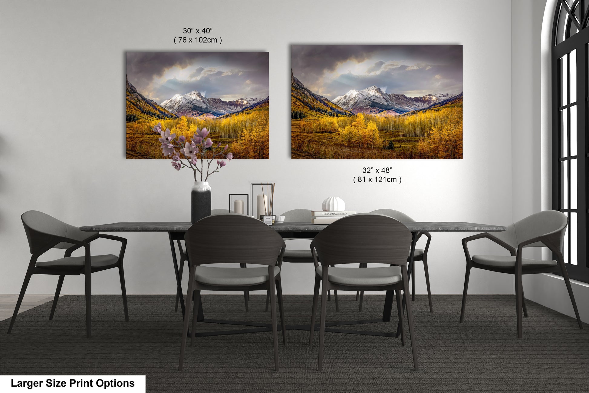 a dining room with a table and chairs