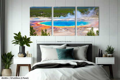 a bedroom with a bed and two paintings on the wall