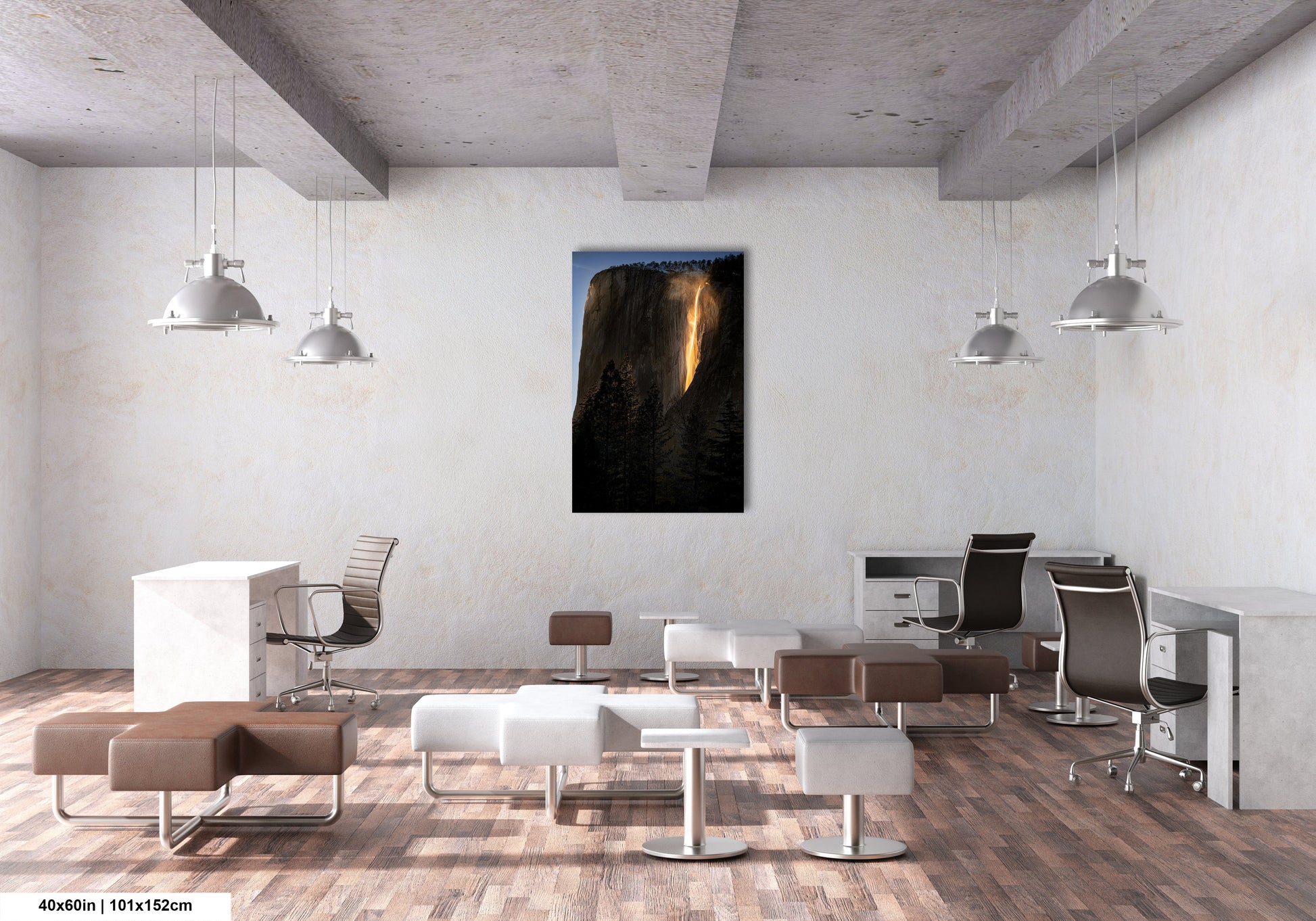 a room with a lot of chairs and a painting on the wall