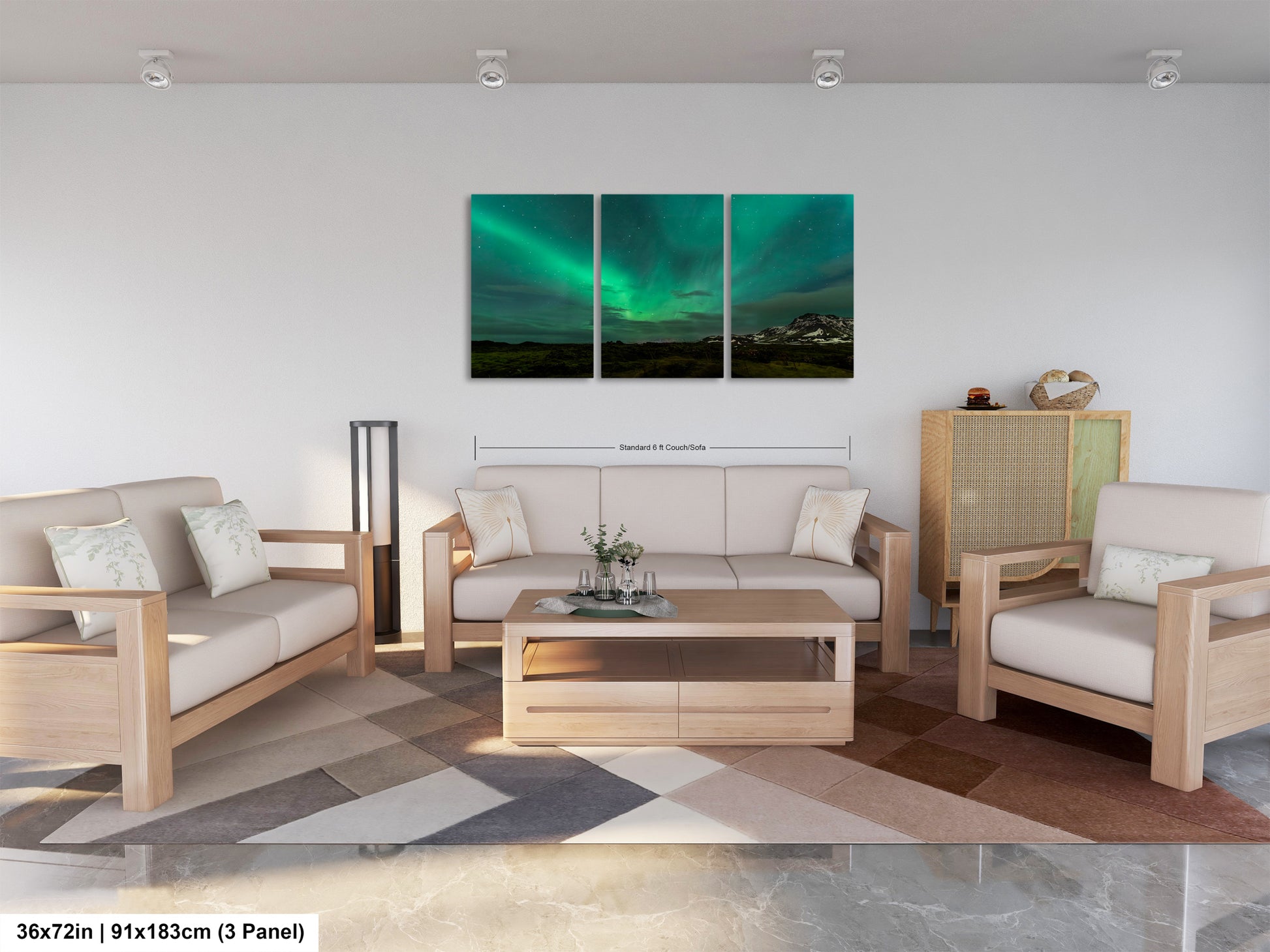 a living room filled with furniture and a painting on the wall
