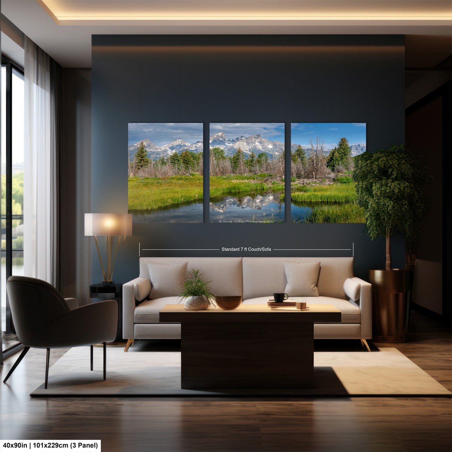a living room filled with furniture and a painting on the wall