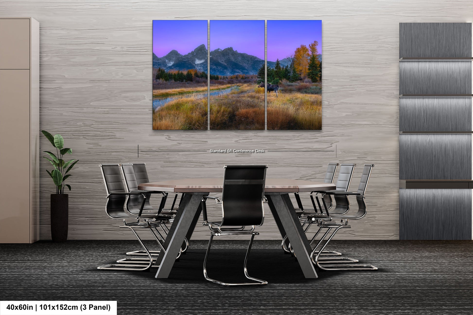 a dining room table with chairs and a painting on the wall
