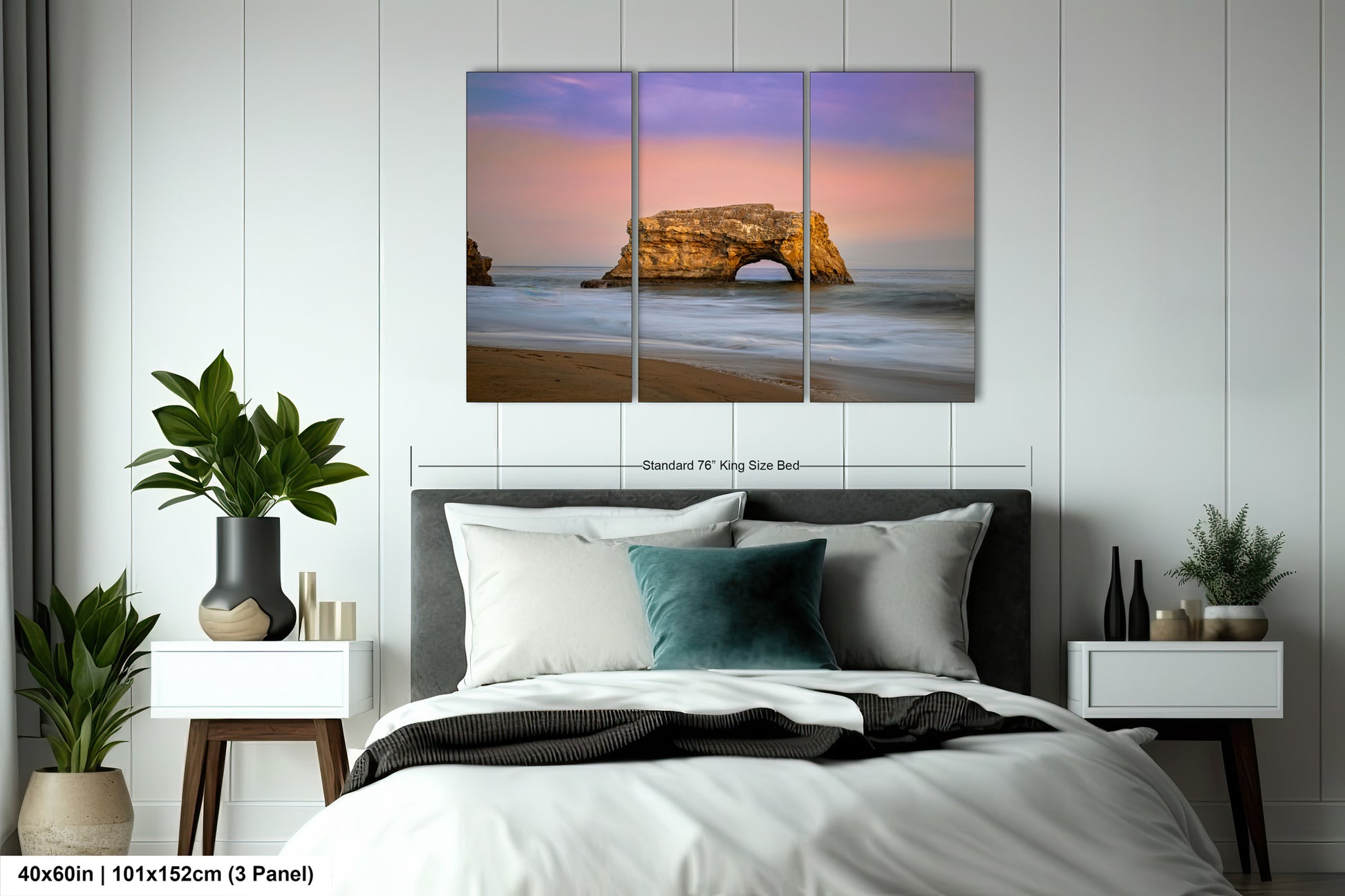 a bedroom scene with focus on the bed and the ocean
