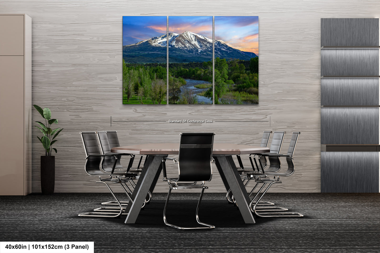 a dining room table with a mountain in the background