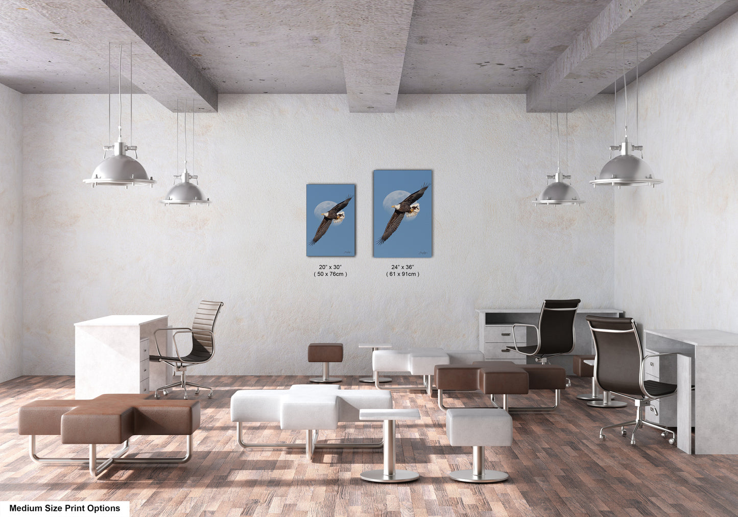 The image is a modern office space with a minimalist design. It features a large open area with a concrete floor and white walls, and several chairs and tables arranged throughout the space. Two framed images of birds are displayed on the wall, adding a natural element to the otherwise industrial-looking room. The image also includes text that provides size information for the framed images, indicating that they are "10' x 10' (50 x 70)" and "12' x 12' (60 x 84)" respectively.