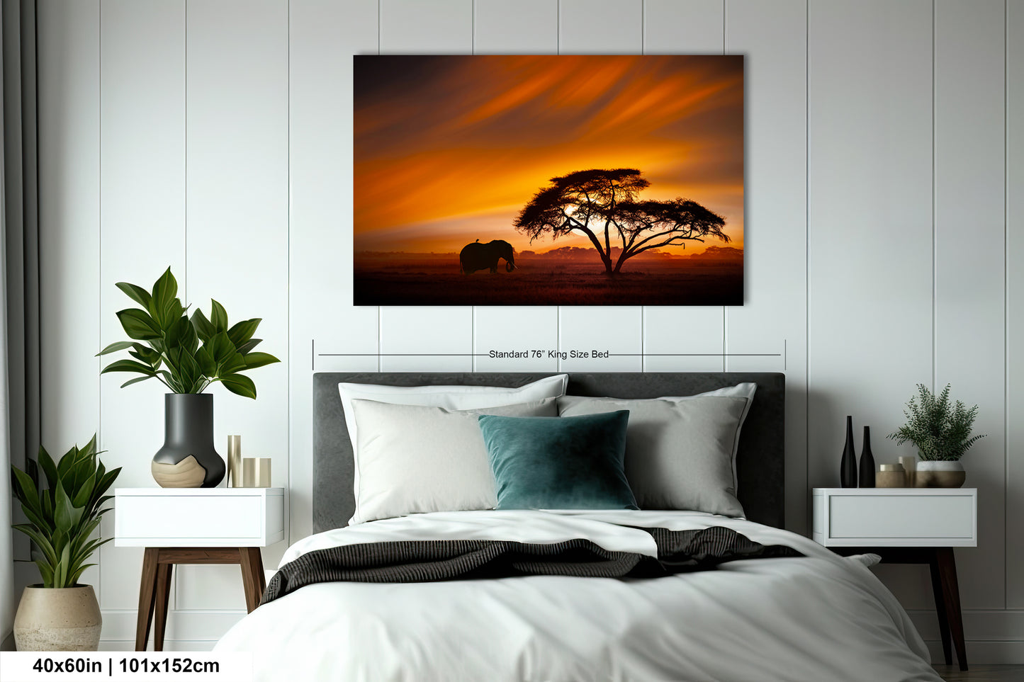 a bedroom with a bed and a painting on the wall