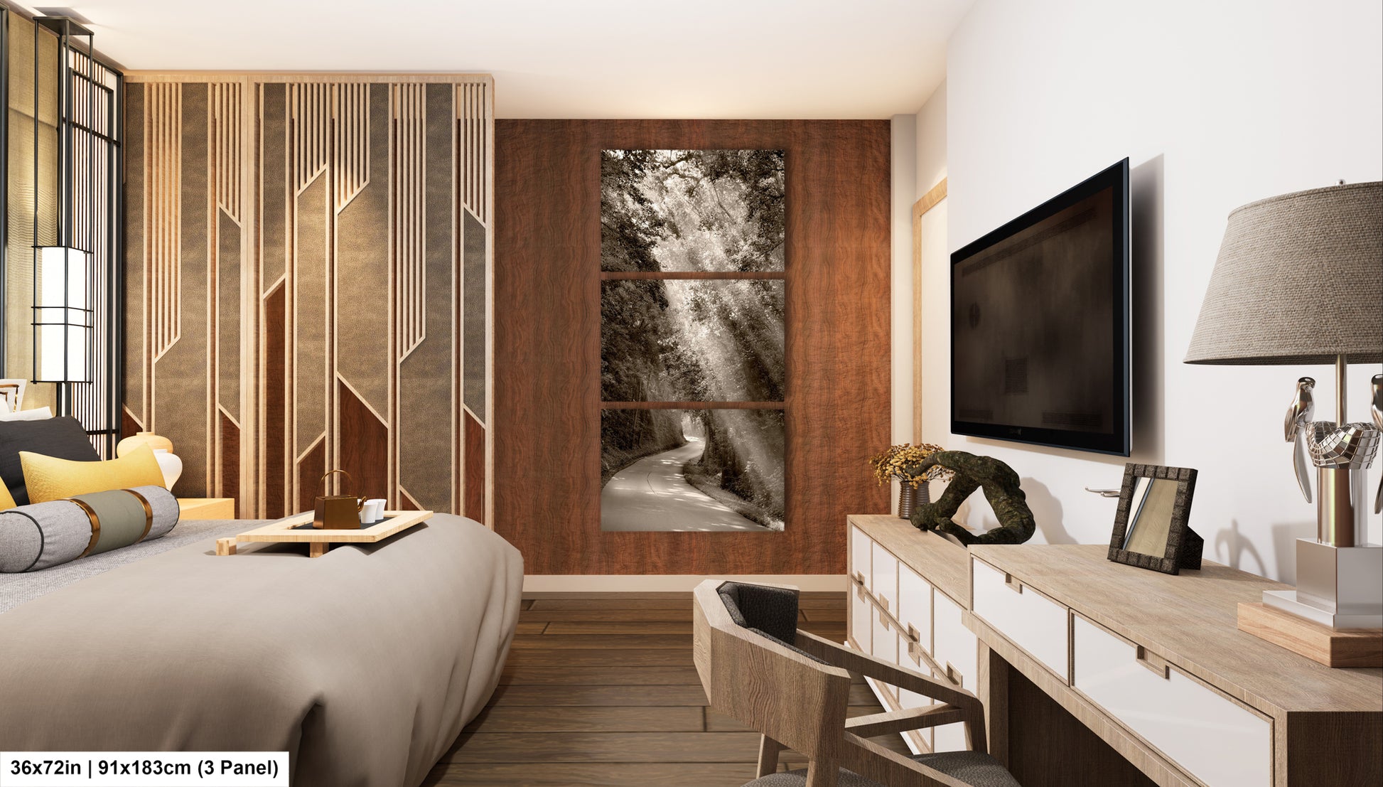 a bedroom with a bed, desk and television
