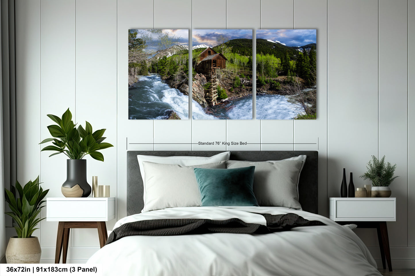 a bed room with a neatly made bed and two paintings on the wall
