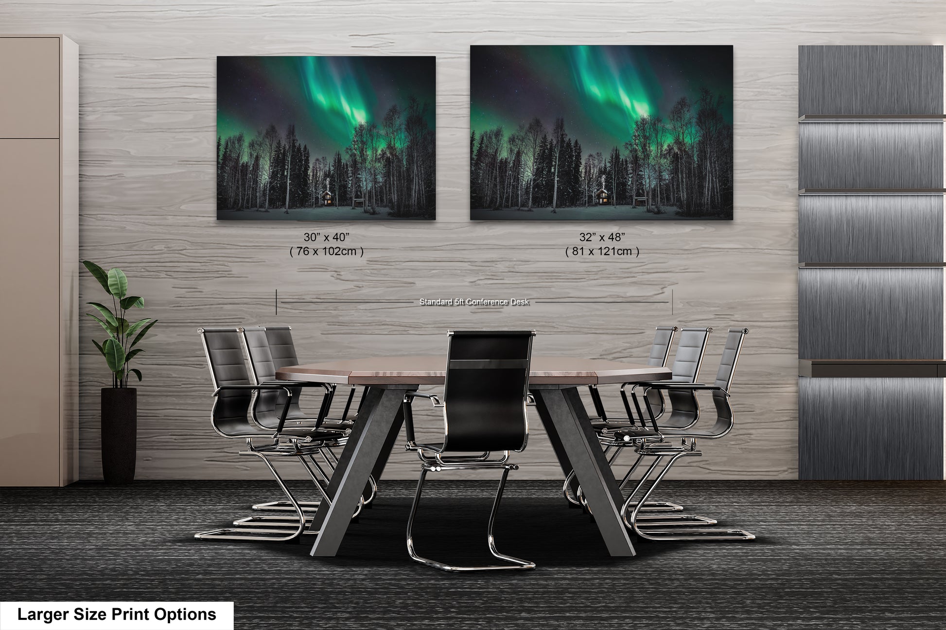 a room with a table and chairs and two pictures on the wall
