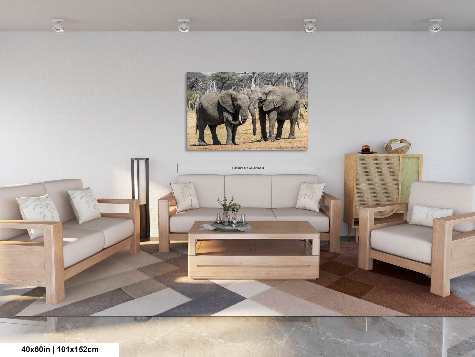 a living room filled with furniture and a painting on the wall