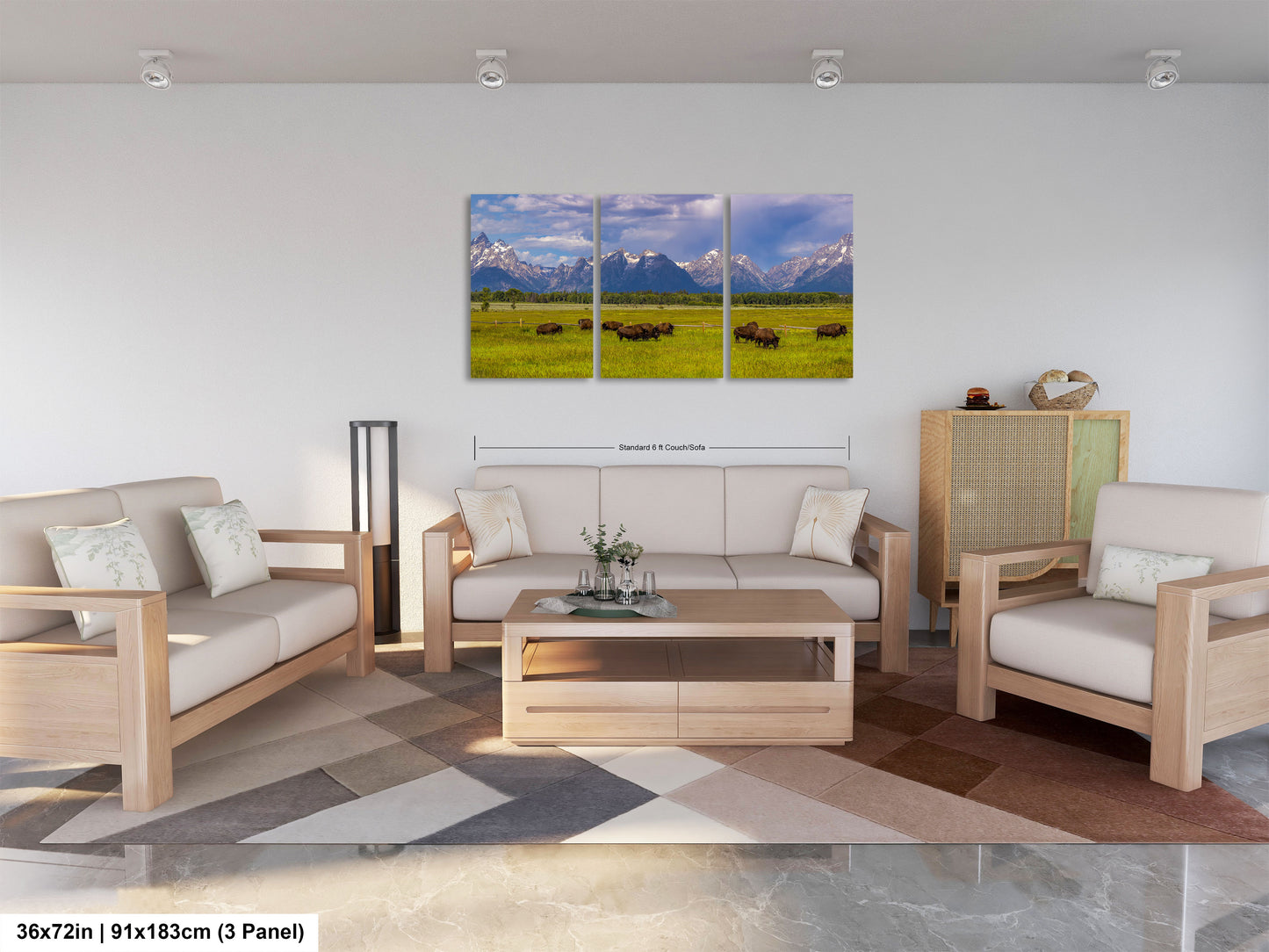 a living room filled with furniture and a painting on the wall