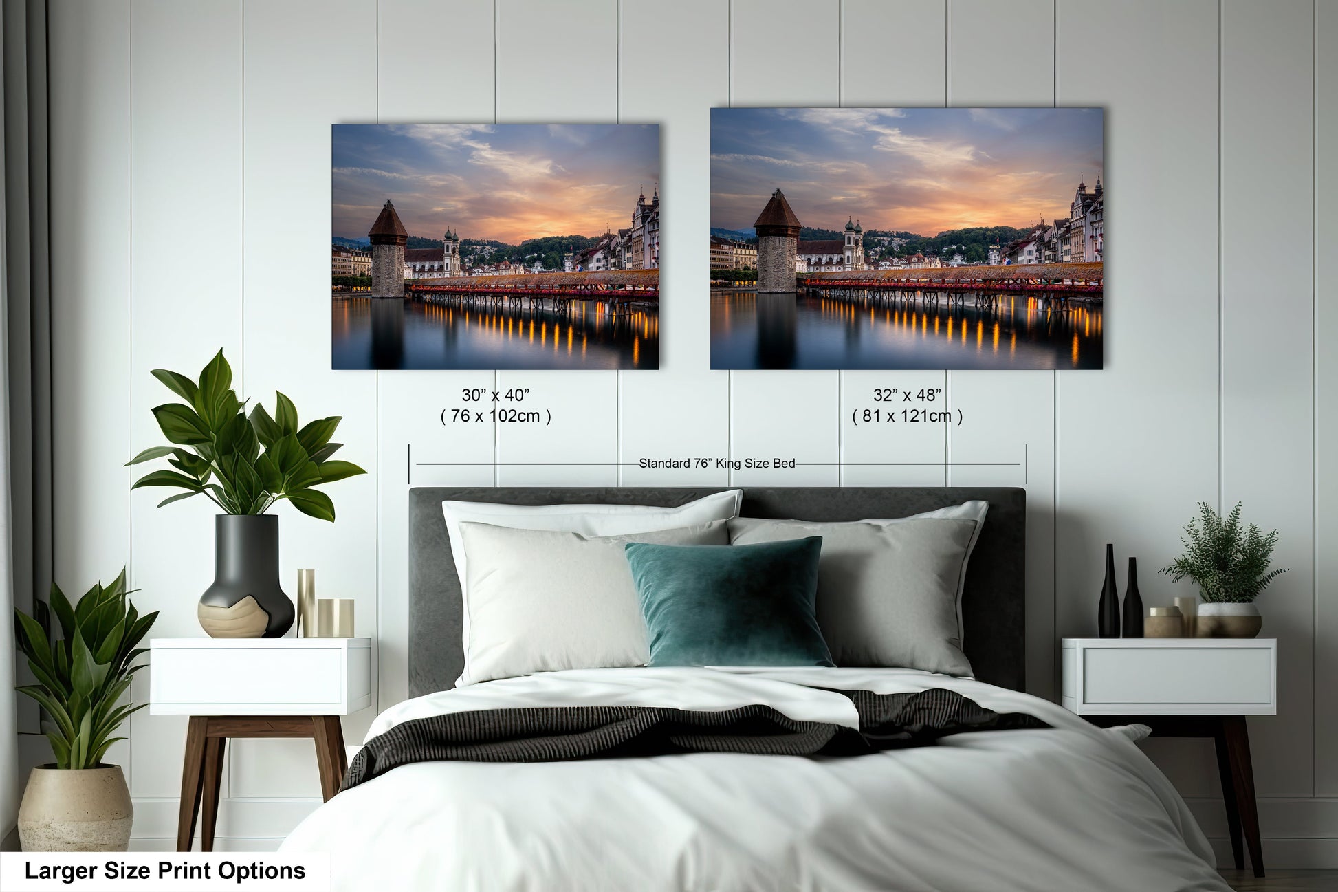 a bedroom with a bed and two pictures on the wall