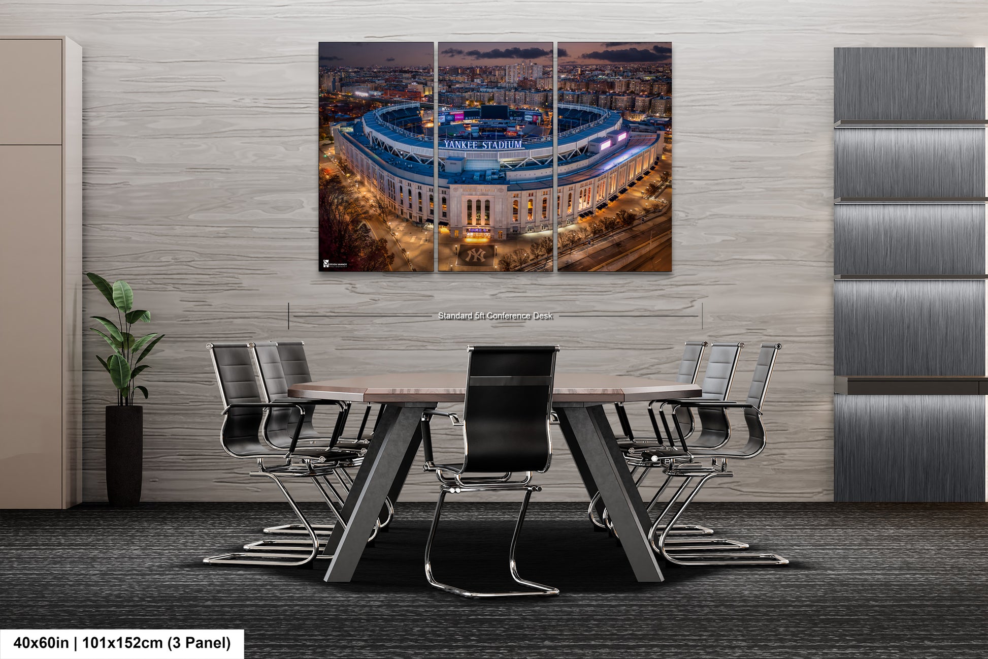 a dining room table with chairs and a picture of a building in the background