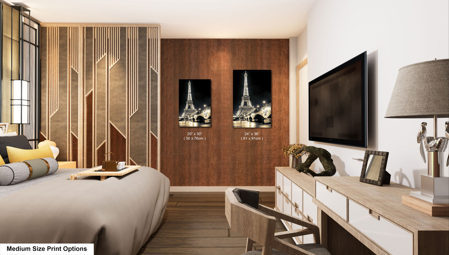 a hotel room with a bed, desk and television