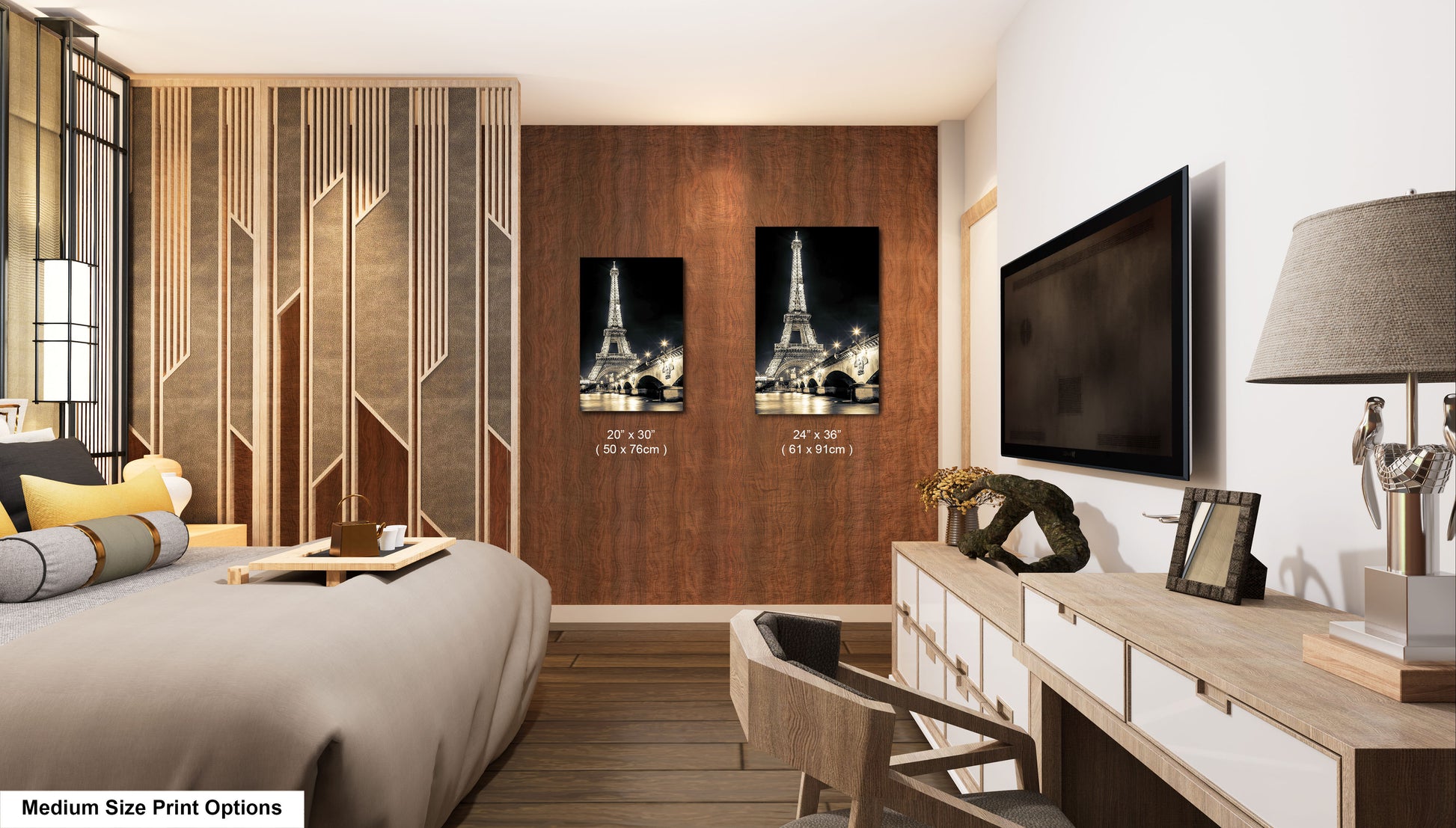 a hotel room with a bed, desk and television