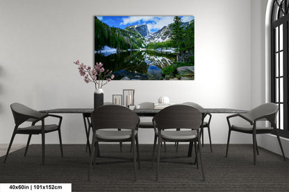 a dining room table with chairs and a painting on the wall
