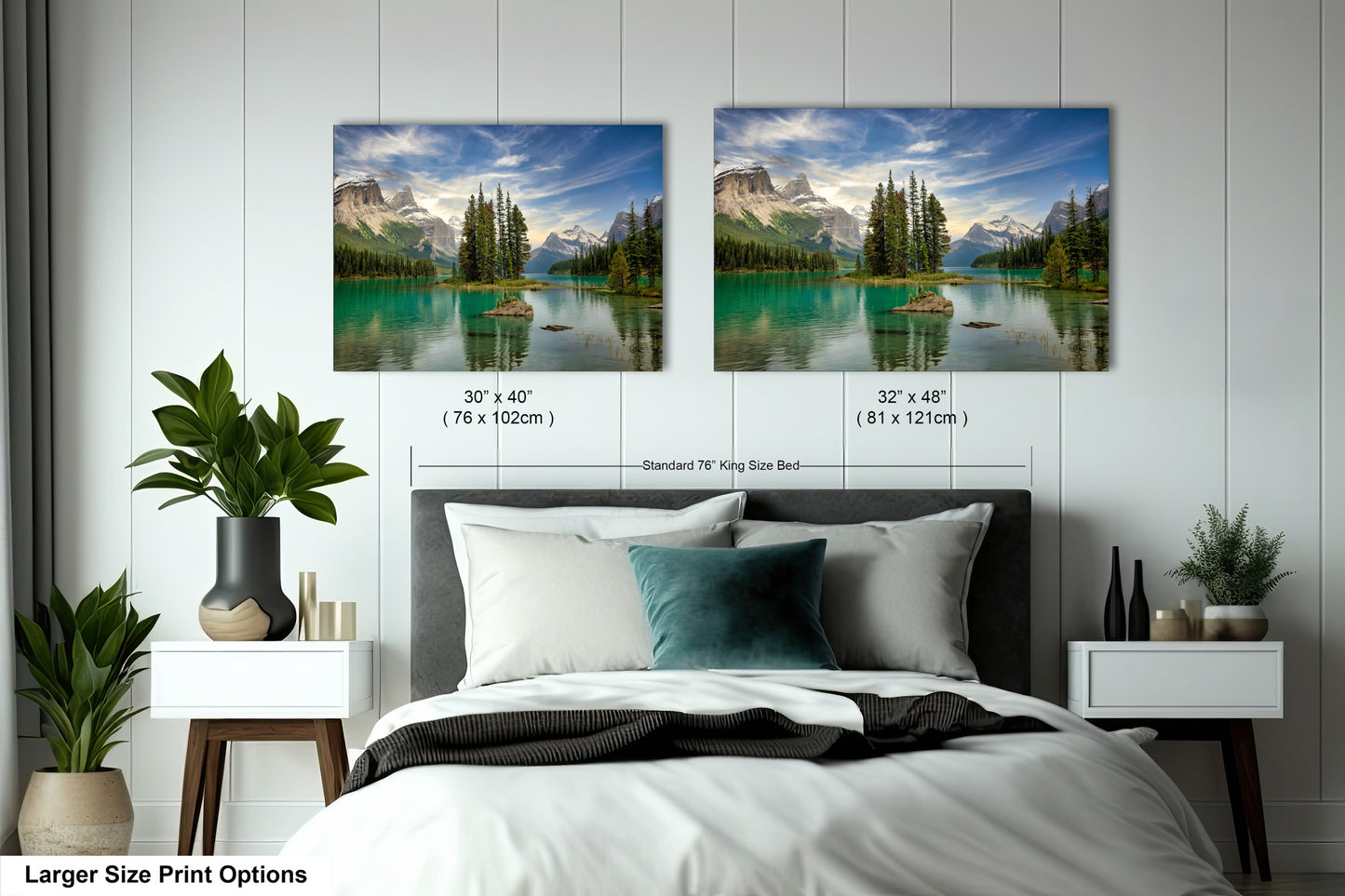 a bedroom with a bed and two pictures on the wall
