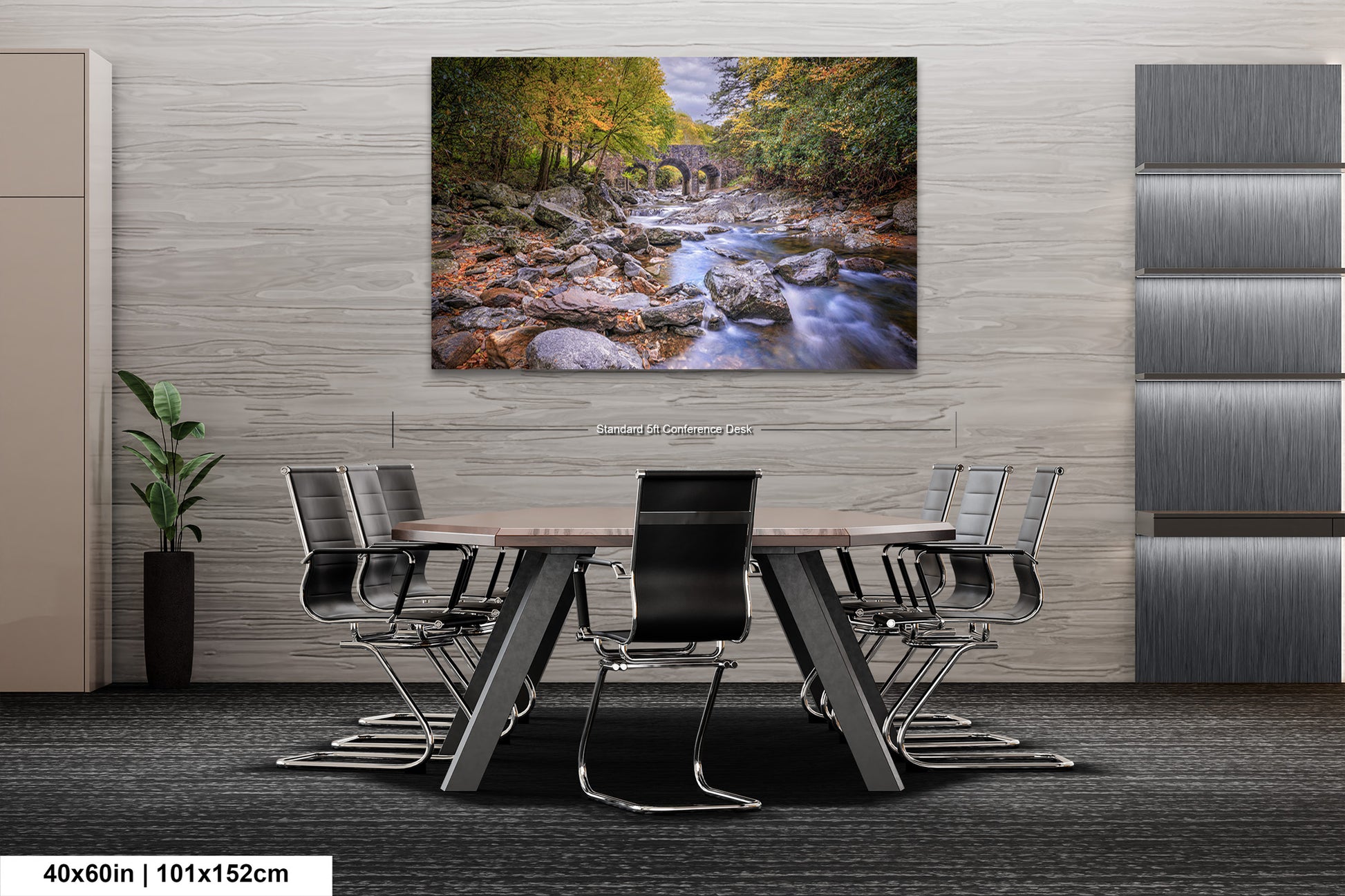a dining room table with chairs and a painting on the wall