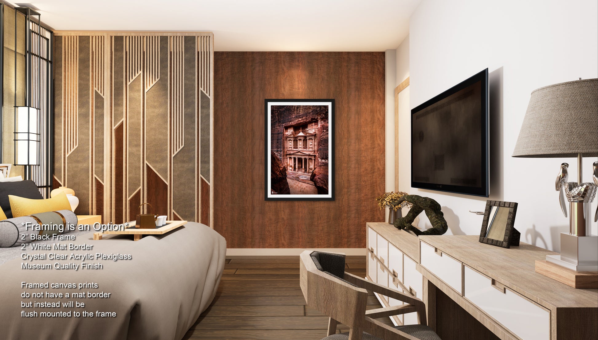 a bed room with a neatly made bed and a flat screen tv