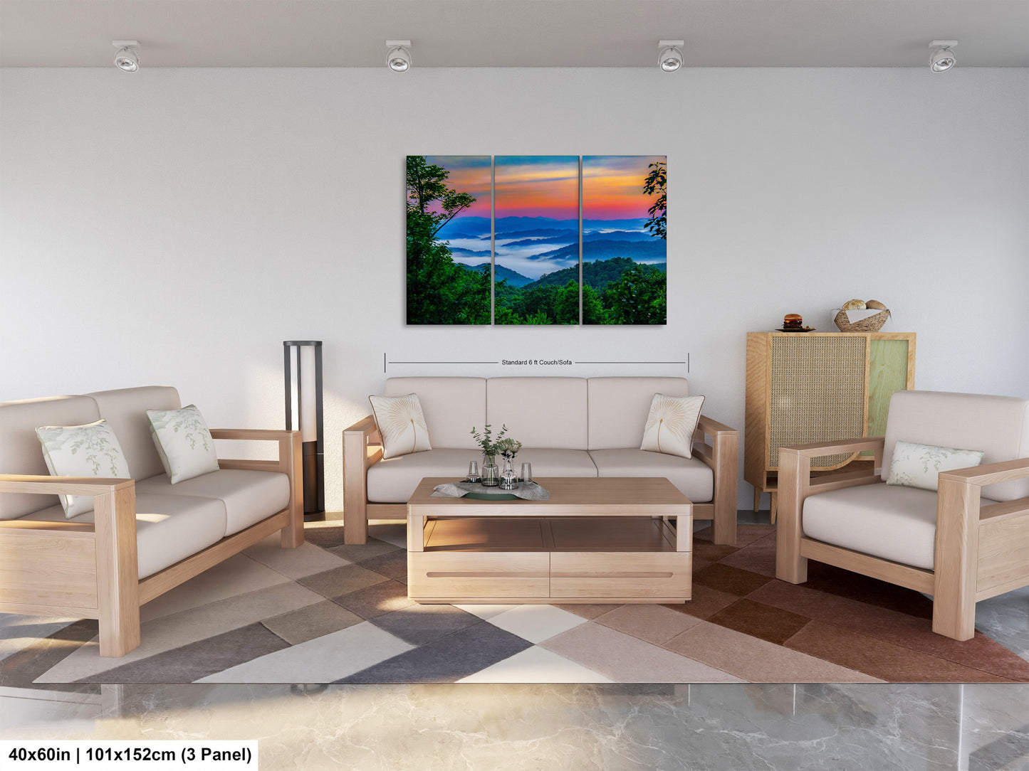 a living room filled with furniture and a painting on the wall